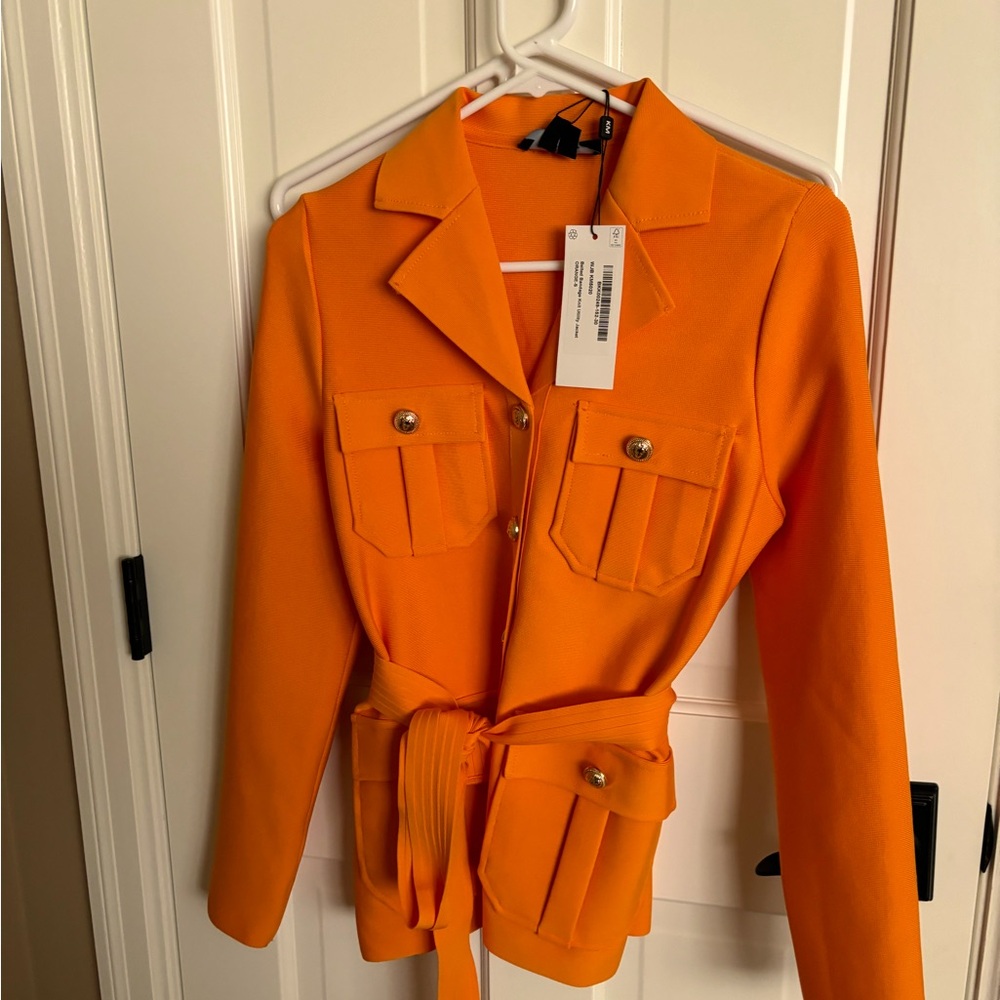 Karen Millen NWT Militsry Jacket M vivid orange stretch knit
